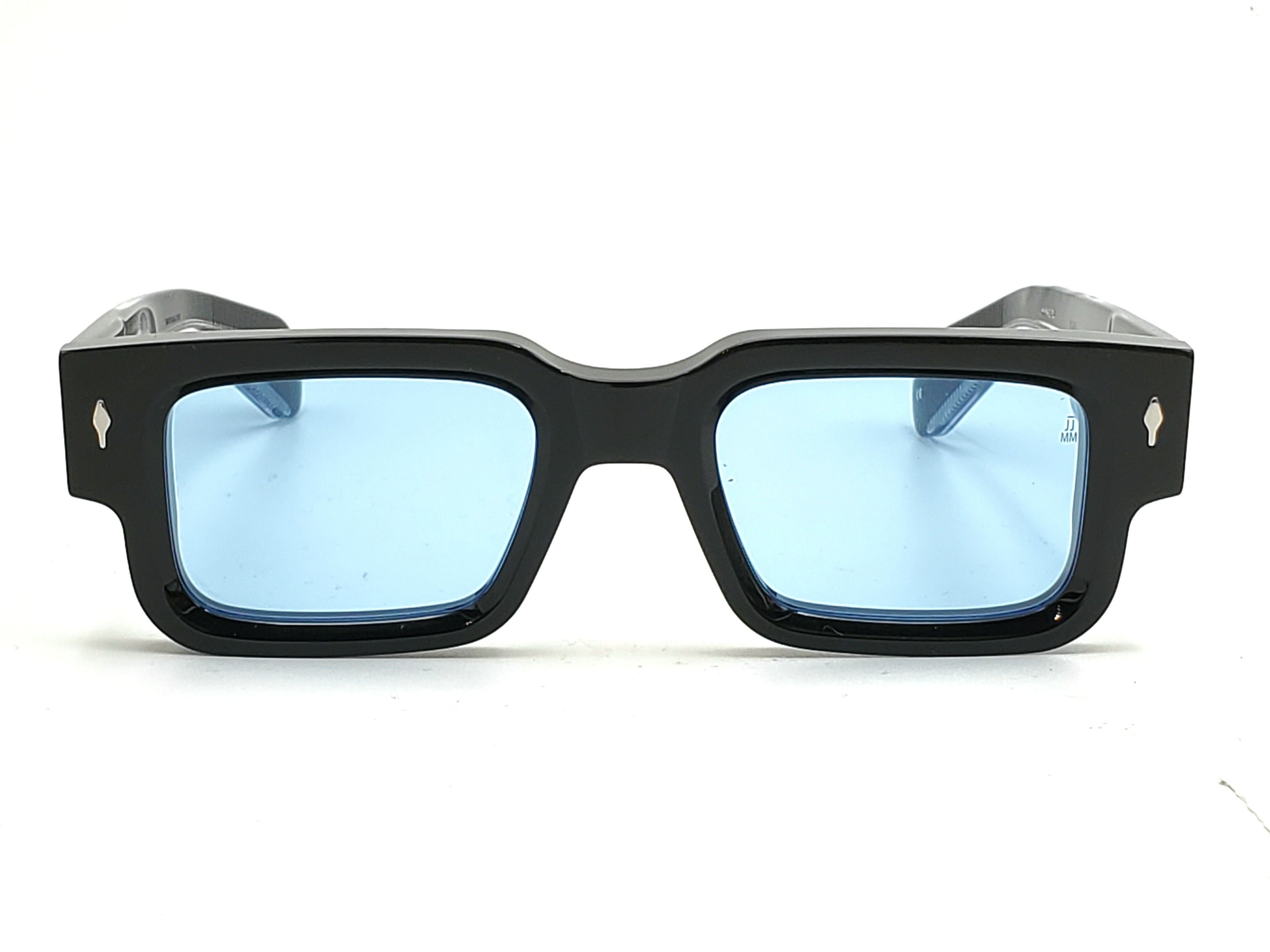 JACQUES MARIE MAGE ASCARI RECTANGULAR  SUNGLASSES Black, Clear and Silver with blue Lenses
