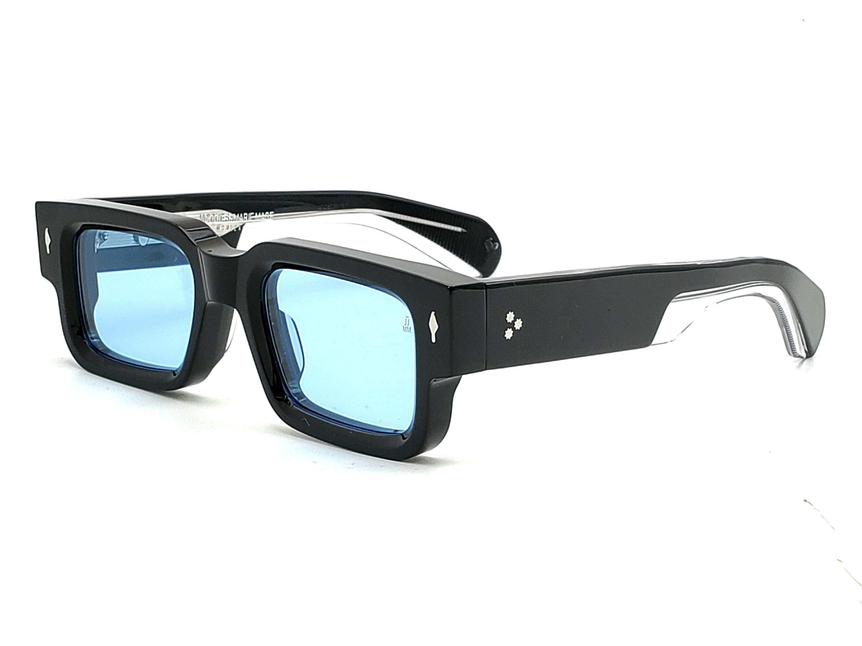 JACQUES MARIE MAGE ASCARI RECTANGULAR  SUNGLASSES Black, Clear and Silver with blue Lenses